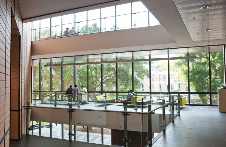 UNSW Tyree Energy Technology student study spaces with glass windows, chairs and tables